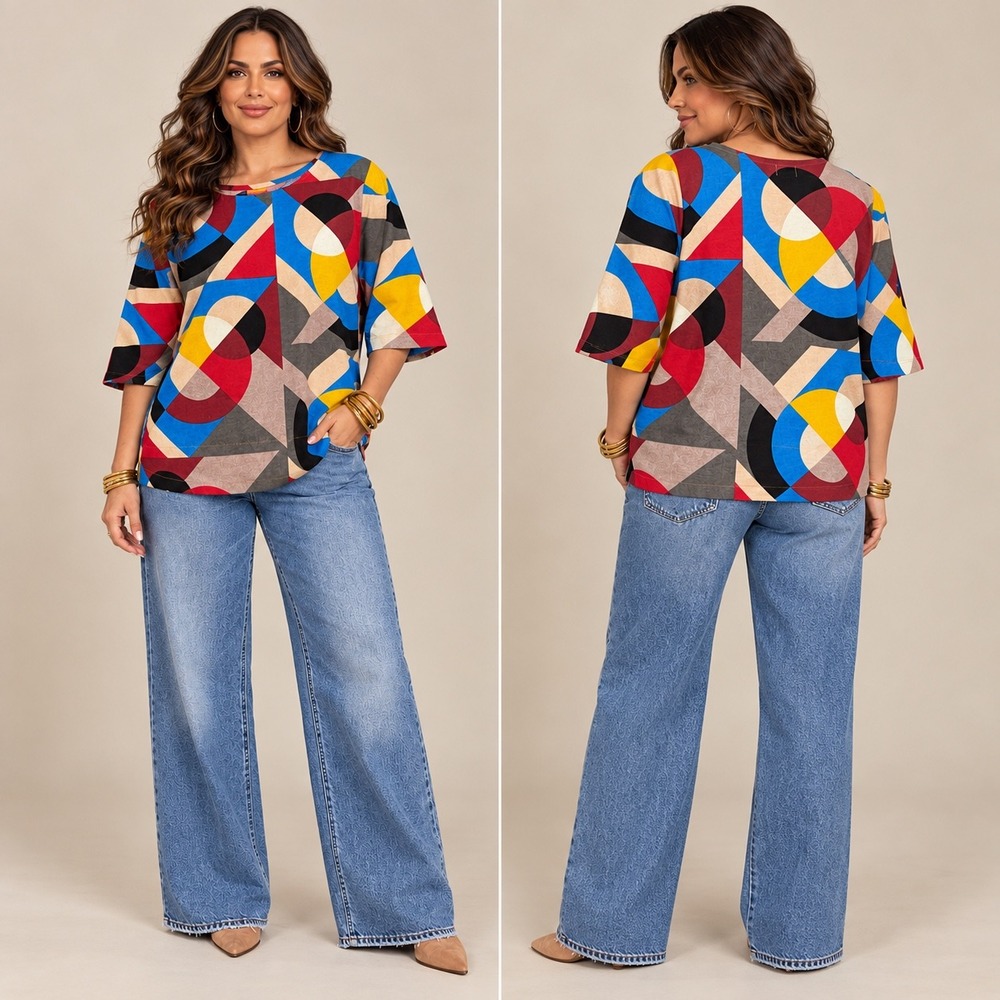 Thai Artisan Geometric Top XL Bauhaus Abstract MCM Wearable Art Linen Cotton 537